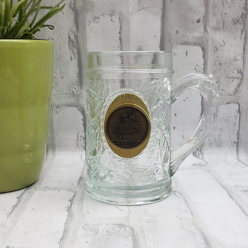 Embossed Glass Beer Mug from Excalibur Hotel Casino Las Vegas With Coin Logo